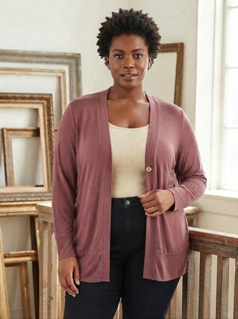 The Zig Zag Stripe Dusty Rose Brown Faux Button Up Lightweight L Cardigan XL